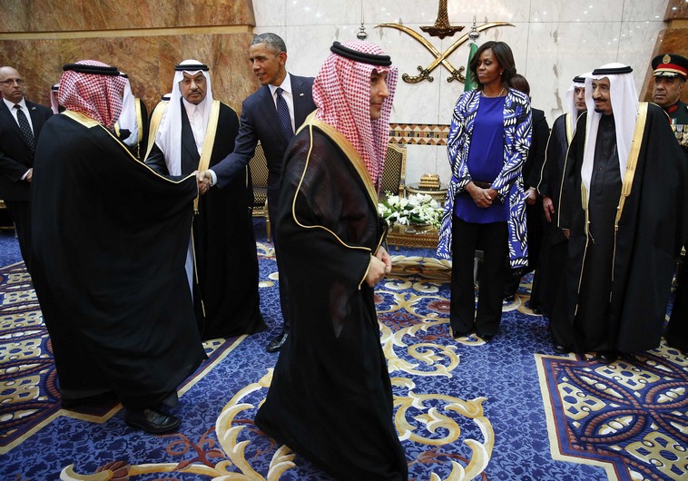 U.S. President Obama receives members of the Saudi Royal  family, government officials and guests as the first lady and Saudi Arabia's King Salman look on at Erga Palace in Riyadh